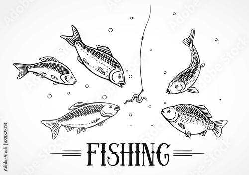 Fish floating to the bait (a hook). Illustration about fishing.