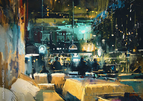 obraz przedstawiający kolorowe wnętrza baru i restauracji w nocy