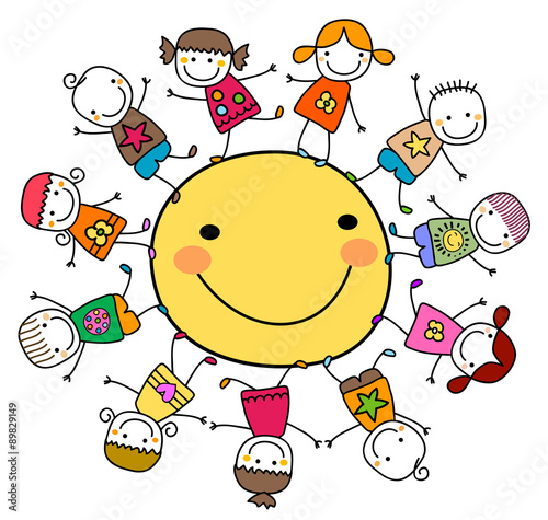 happy kids playing around the sun