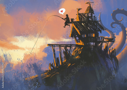 funny illustration painting of fisherman on an old house with a fishing rod has a big catch