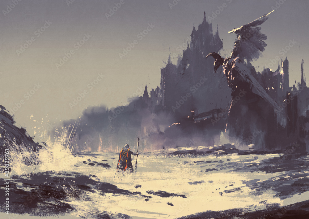 Fototapeta premium ilustracja obraz króla idącego przez morze plaży obok zamku fantasy w tle