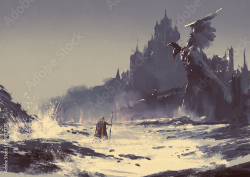 illustration painting of king walking through sea beach next to fantasy castle in background