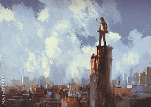 ilustracja obraz biznesmen stoi na szczycie patrząc na miasto