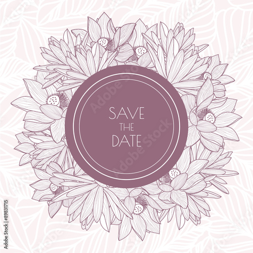 Fototapeta Naklejka Na Ścianę i Meble -  Vector floral round frame and seamless leaf pattern. Vintage bac