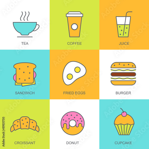 Set of vector flat food illustration. Breakfast multicolor icons