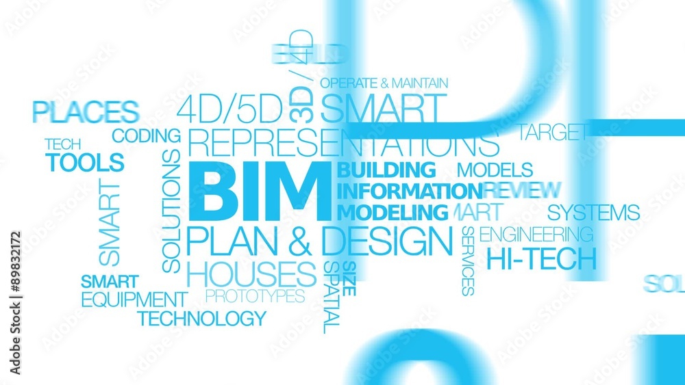 Building information modeling (BIM) words tag cloud blue text animation video


