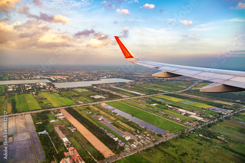 high angle view of pathum thani city of thailand on the air plan photo