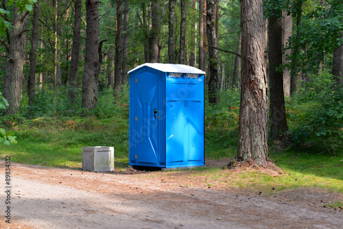 Toilet bright blue in the woods near the road photo