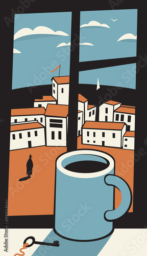 cup of coffee on the window sill and the landscape of the old city with the sea behind the window