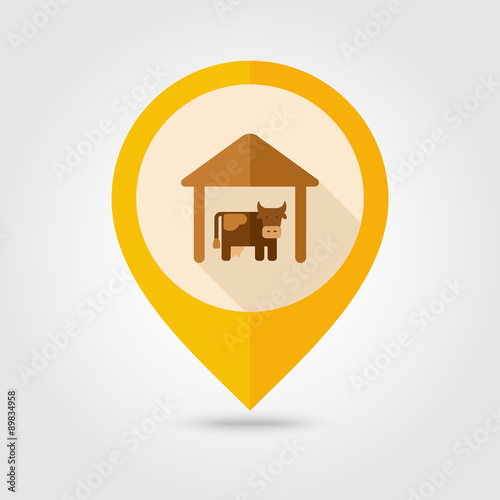 Cowshed flat mapping pin icon with long shadow