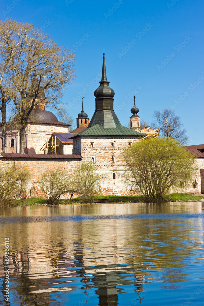 Russian orthodox monastery castle on the lake shore in Kirillov, Russia