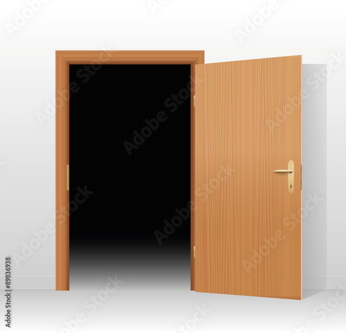 Wide open door to a dark unlit room. Vector illustration.