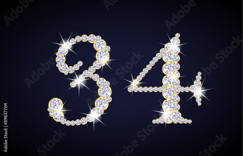 Number 3 and 4 composed from diamonds with golden frame. Complete alphanumeric set. photo