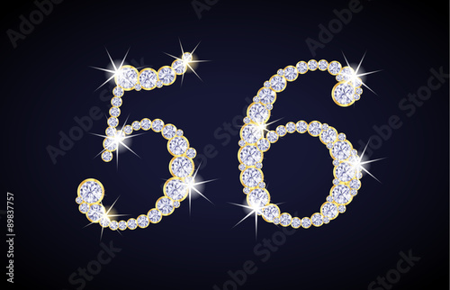 Number 5 and 6 composed from diamonds with golden frame. Complete alphanumeric set.