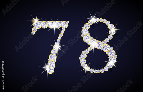 Number 7 and 8 composed from diamonds with golden frame. Complete alphanumeric set.