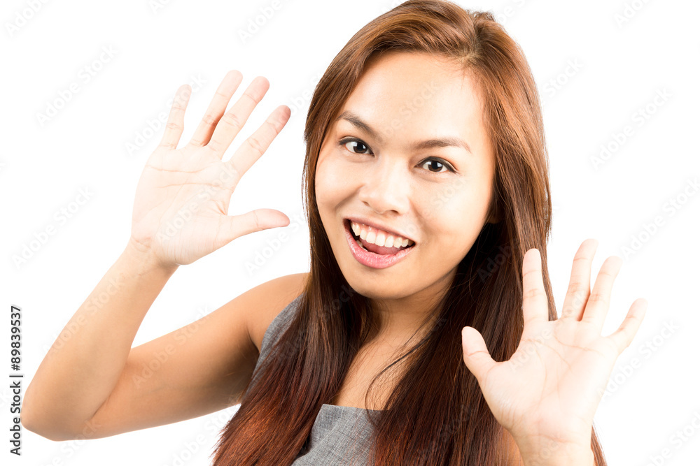 Portrait Girl Asian Style Two Hand Wave Greeting