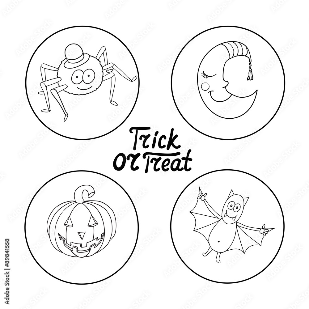 Set of halloween characters: spider in hat, smiling moon, pumpki