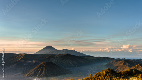 Breathtaking view over the caldera of Bromo volcano at sunrise