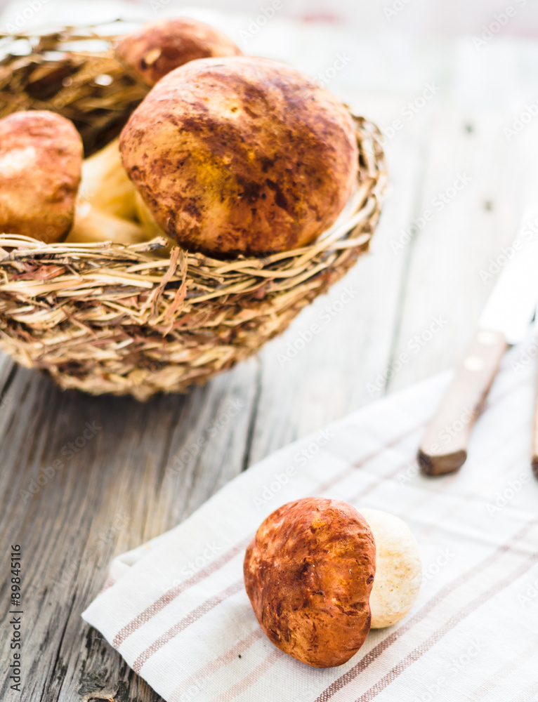 boletus mushrooms on a gray board, rustic background, selective