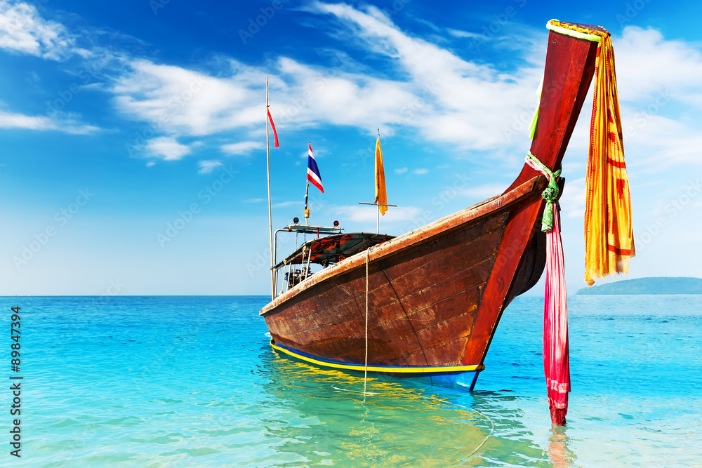 Long boat and tropical beach, Andaman Sea, Thailand Long boat and tropical beach, Andaman Sea, Thailand