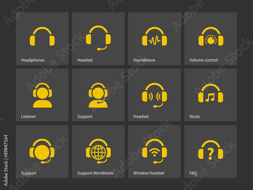 Headphones and support icons.