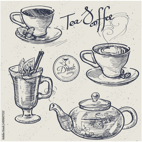Cup of coffee, tea, mug, teapot. Hand drawn illustration