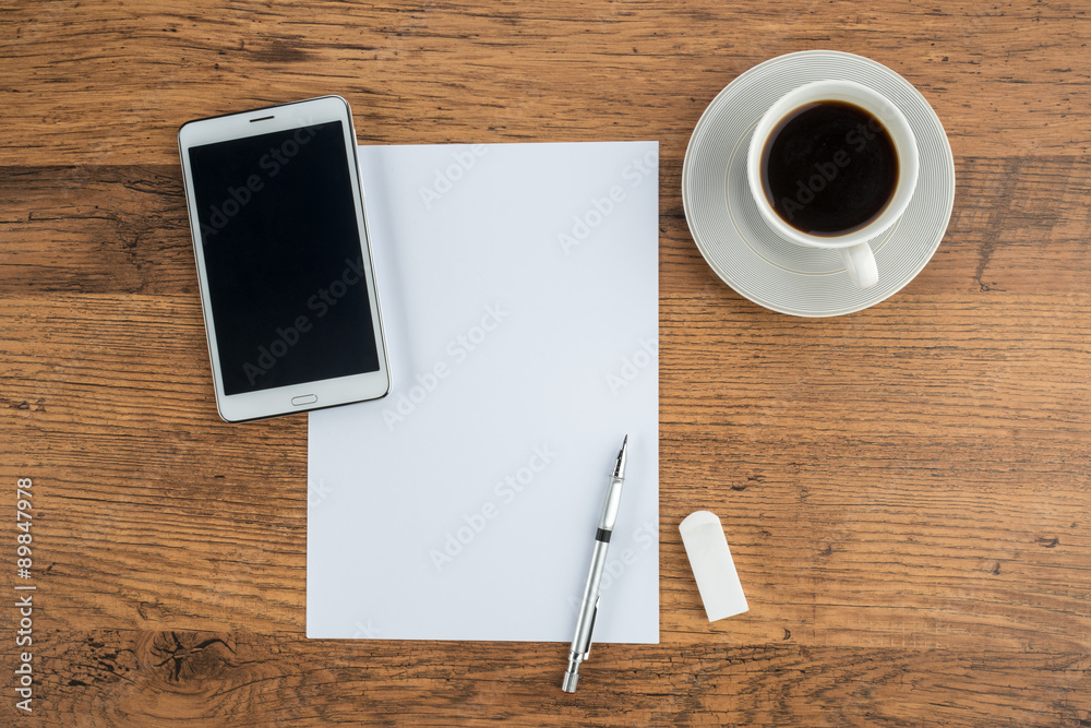 Tablet, paper, Eraser and Mechanical pencil with coffee Tablet, paper, Eraser and Mechanical pencil with coffee