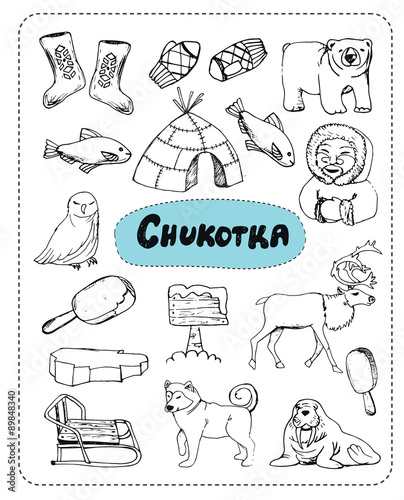 Vector set of tourist attractions Chukotka.