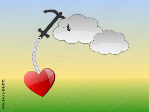 Cuore appeso a una nuvola tramite un ancora e catena. Immagine vettoriale. Prato e cielo come sfondo