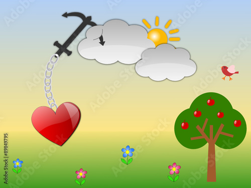 Cuore appeso a una nuvola tramite un ancora e catena. Immagine vettoriale. Prato,  cielo ed alberi come sfondo