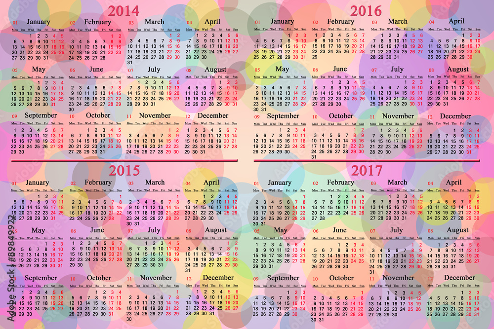 calendar for 2014 - 2017 on the colored background
