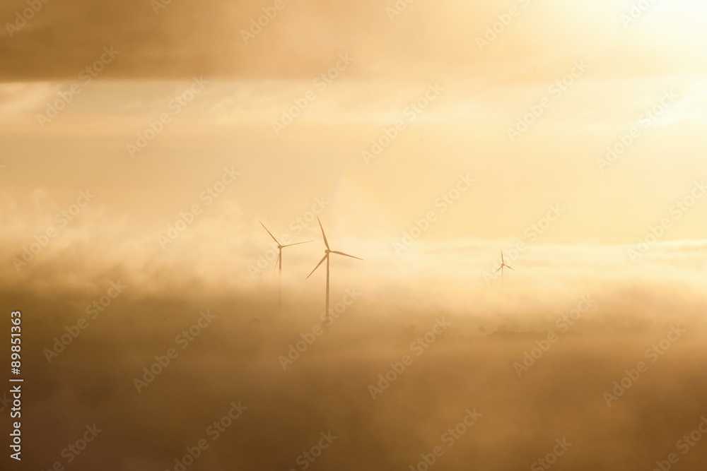 Wind farm in morning mist