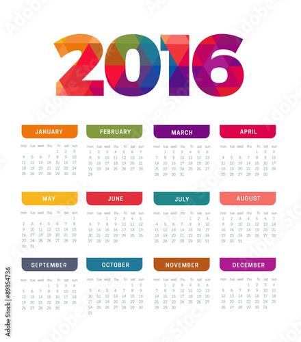 2016 vector Calendar template week starts monday in white background