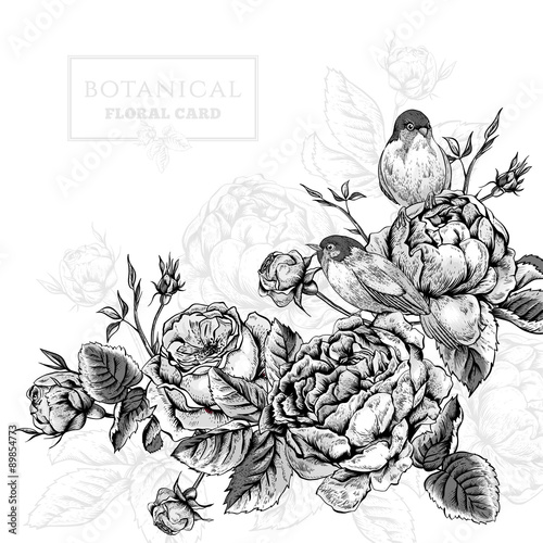 Floral card in vintage style with blooming english roses and