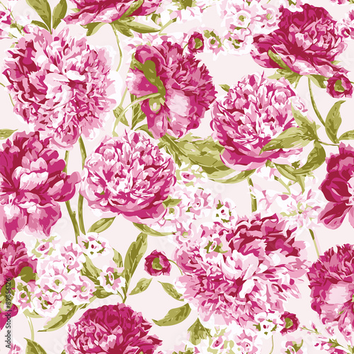 Seamless Pattern with Pink Peonies, Vector Illustration © depiano