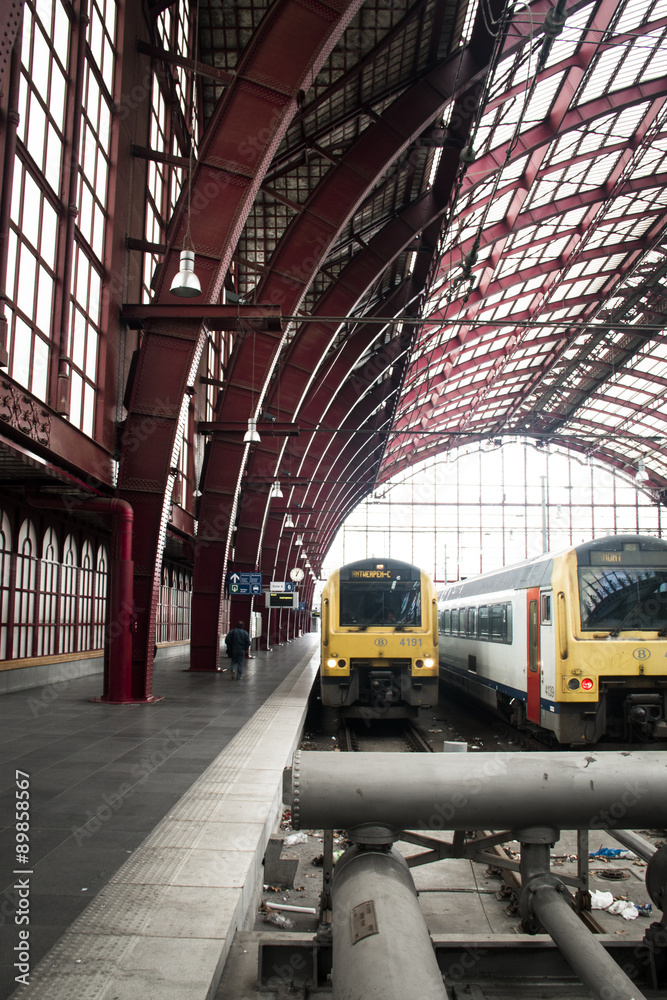 Inside of the magnificent central train station in the city of Antwerp, Belgium