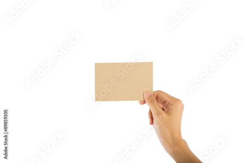 female teen hand holding blank card, isolated on white