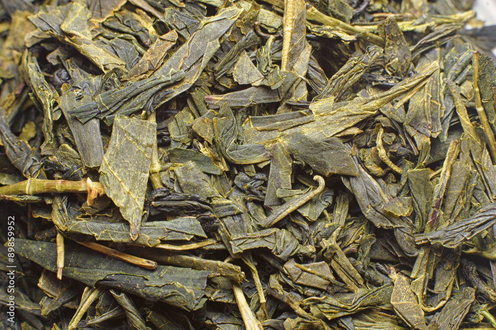 Closup of dry green tea leaves