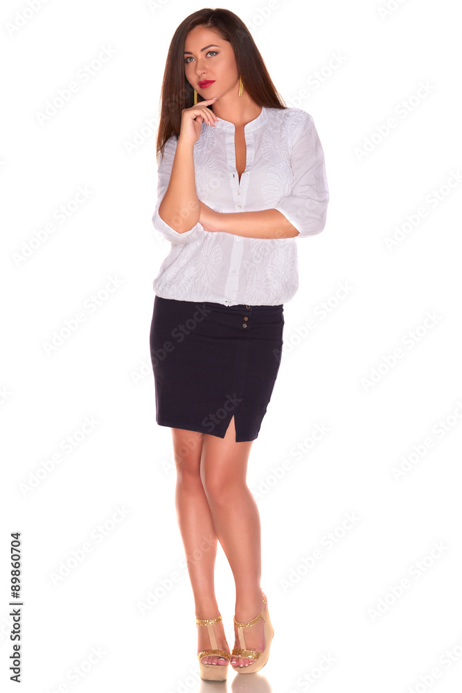 Pretty office woman in white shirt isolate on white background Pretty office woman in white shirt isolate on white background