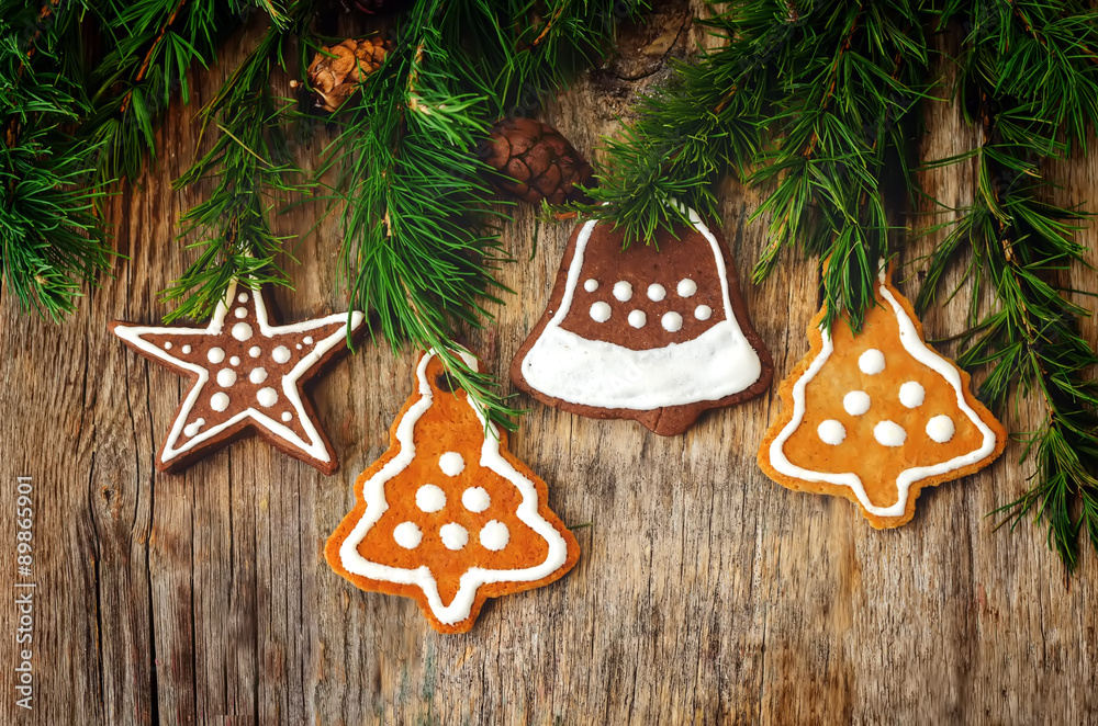 Christmas tree background with Christmas tree and gingerbread sh