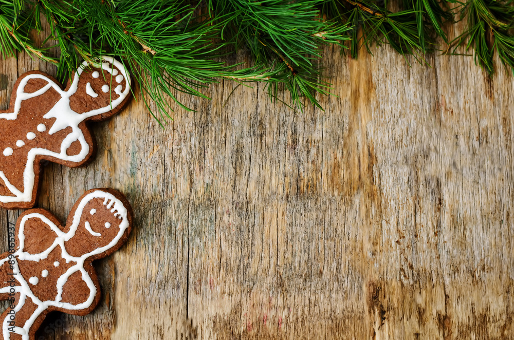 Christmas tree background with Christmas tree and gingerbread sh