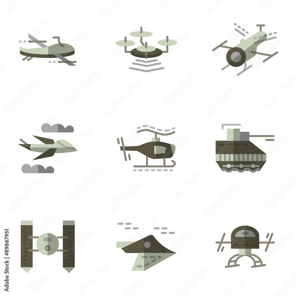 Military drones flat icons set