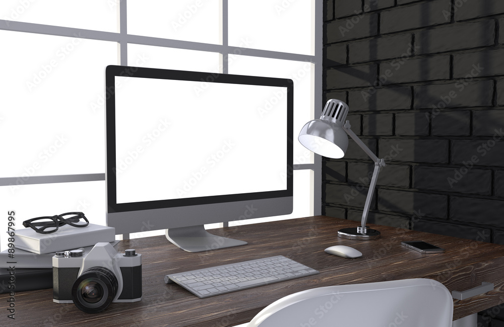 Fototapeta premium 3D illustration PC screen on table in office, Workspace