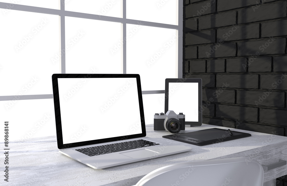 Fototapeta premium 3D illustration laptopand work stuff on table near brick wall