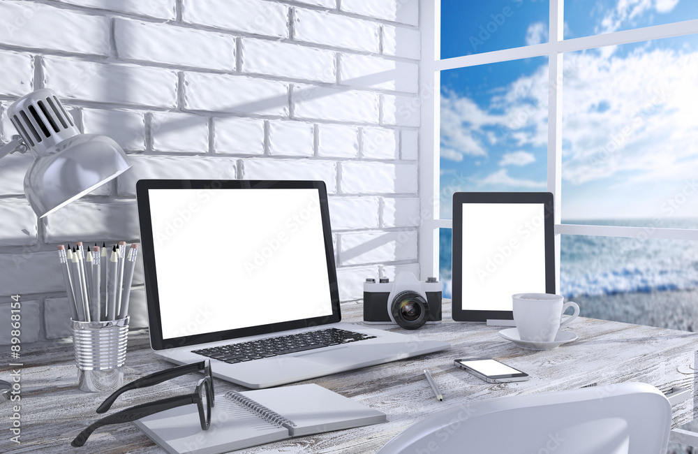 3D illustration laptopand work stuff on table near brick wall 3D illustration laptopand work stuff on table near brick wall