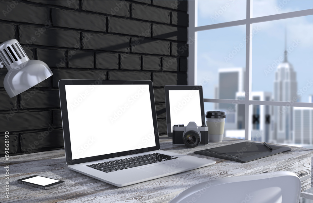 Fototapeta premium 3D illustration PC screen on table in office, Workspace