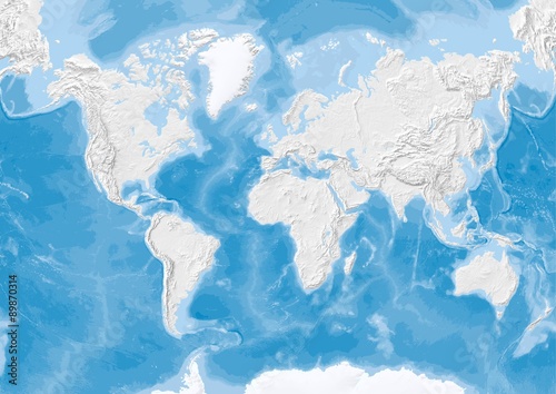 world map in Van der Grinten projection with shaded relief on terrain and sea floor