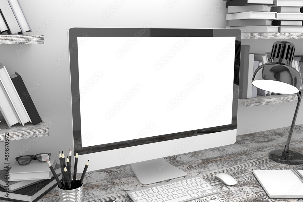 Fototapeta premium 3D illustration PC screen on table in office, Workspace