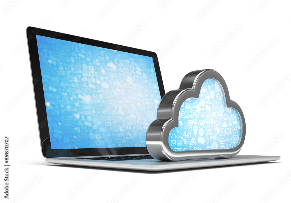 Laptop with cloud computing symbol on keyboard. 3d render Laptop with cloud computing symbol on keyboard. 3d render