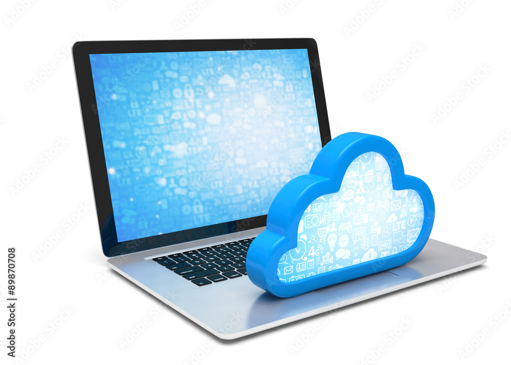 Laptop with cloud computing symbol on keyboard. 3d render Laptop with cloud computing symbol on keyboard. 3d render